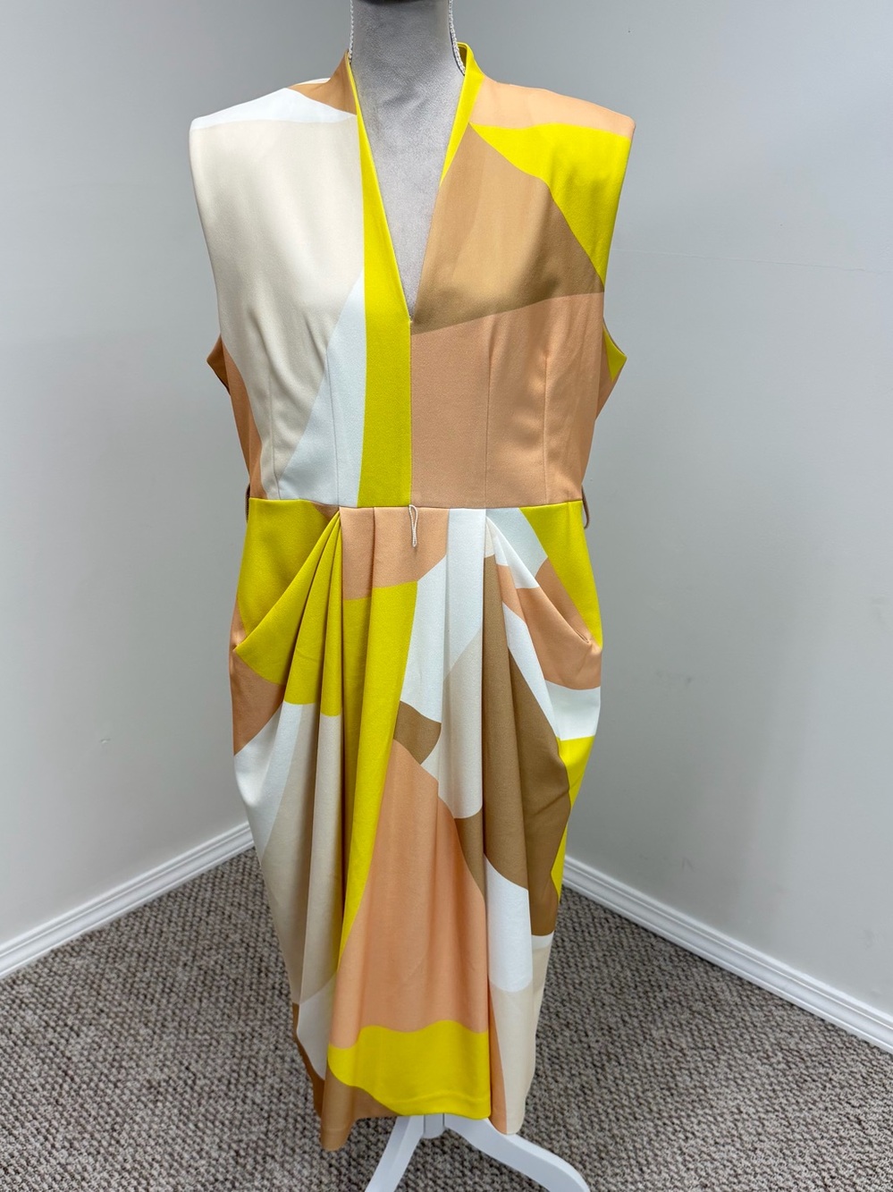 Donna Karan New York Colorblock Dress 16 Midi Sheath Yellow Beige Corporate Chic - Picture 4 of 16